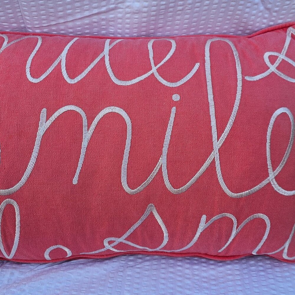 throw pillow rectangular coral with white embroidery embroidered Smile cheerful